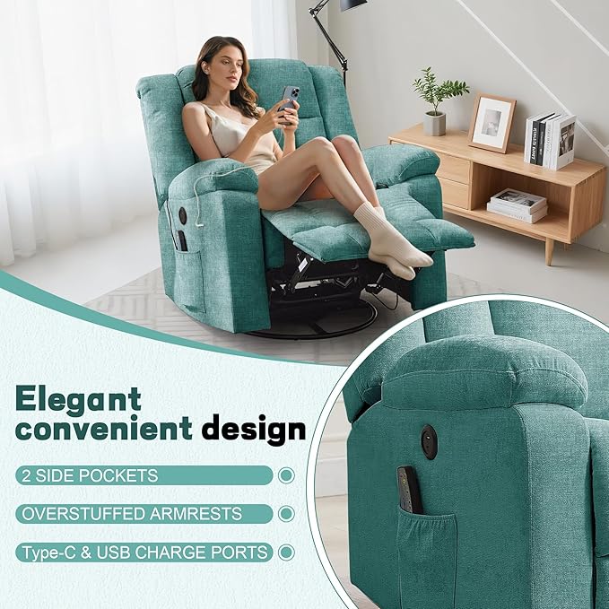 Rocker Recliner Glider Recliner Chairs for Adults 360° Swivel Rocking Chair with Massage and Heating Nursery Chair with Storage and USB Charging for Living Room Bedroom Nursery