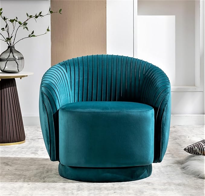 Modern Barrel Swivel Chair with Plush Velvet Upholstery and Smooth 360° Rotation Round Accent One-Seater Sofa for Living Room Bedroom and Office Greenish Blue