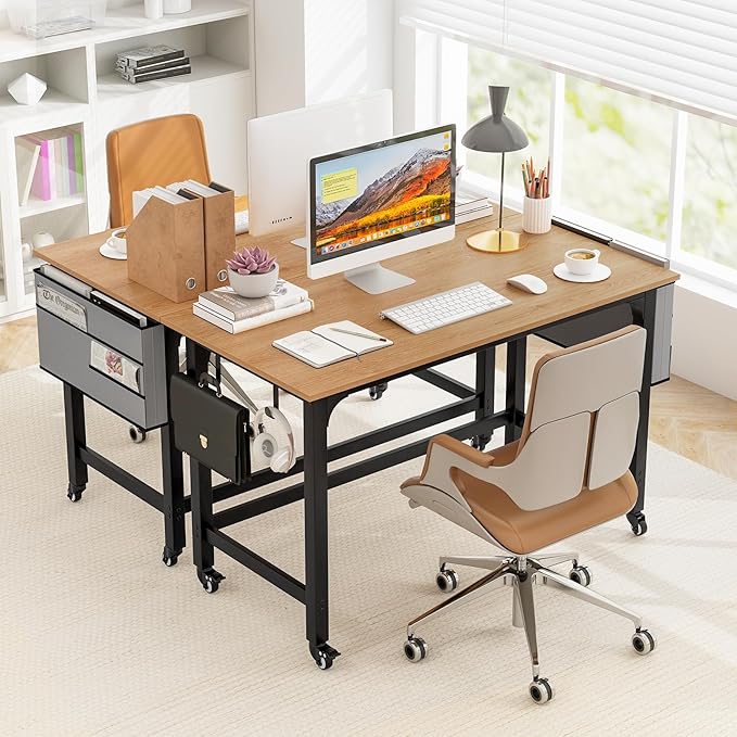 Tangkula Conference Room Table Set of 4 Mobile Computer Desk with Removable Storage Bag &amp 2 Hanging Hooks Rolling Meeting Table with Heavy-Duty Metal Frame Conference Desk (Natural)