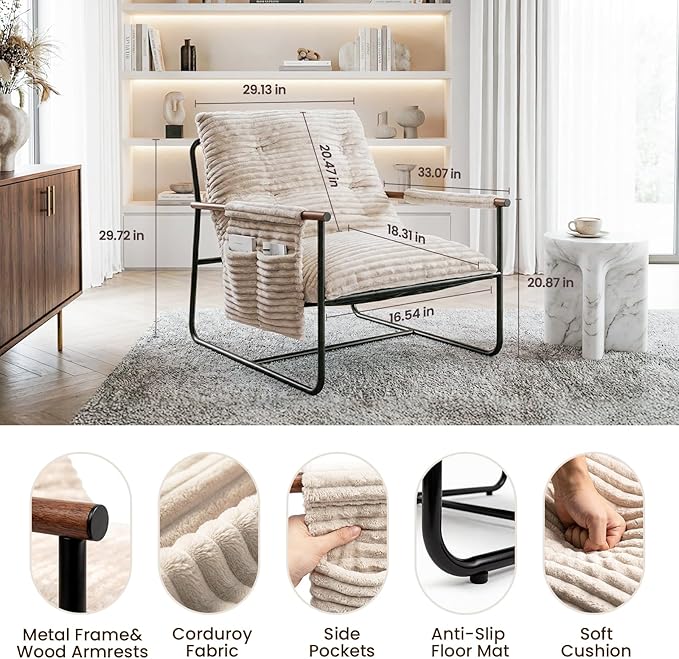 Comfy Accent Chair Modern Living Room Chair Cozy Lounge Chairs Oversized Armchair With Wood Armrests Sturdy Metal Frame Upholstered Reading Chair Soft Cushion sofa Chairs For Bedroom Balcony Porch