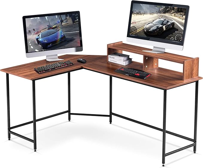ivinta L-Shaped Computer Office Desk Modern Gaming Corner Desk with Monitor Stand Home Office Study Writing Table Workstation for Small Spaces 6404 (Brown)