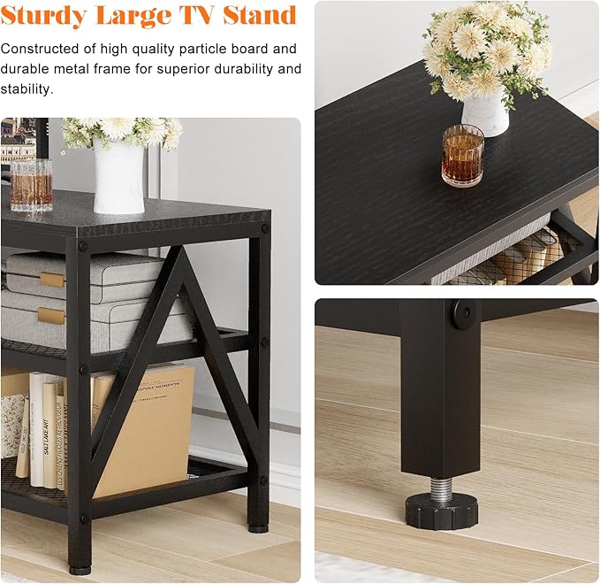 TV Stand for TVs up to 70 Inch 63 Long Industrial TV Console Table with 3-Tier Storage Shelves Entertainment Center for Living Room Bedroom (Black)