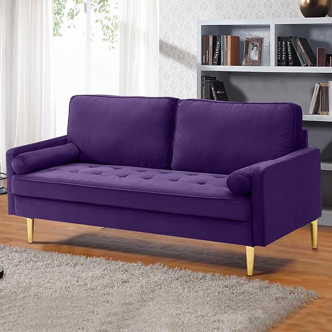 67in Modern Velvet Loveseat Sofa Couch Mid-Century Tufted Upholstered Small Love Seat Couch with 2 Pillows &amp 4 Golden Legs 2-Seats Couches for Compact Space Living Room Apartment (Purple)
