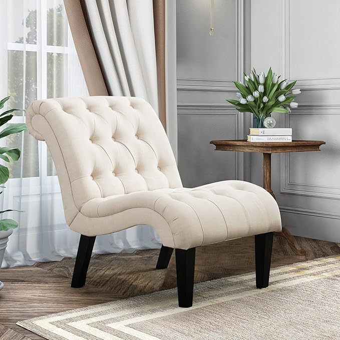Awonde Modern Accent Chair Armless Bedroom Living Room Chairs Upholstered Leisure Lounge Chair Side Chairs for Office Club Guest Ivory Linen