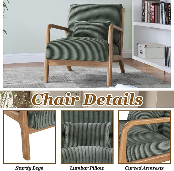 Midcentury Modern ChairWooden Green Accent Chair with PillowCorduroy Arm Chair for Living RoomBedroomSmall Rooms (Green)