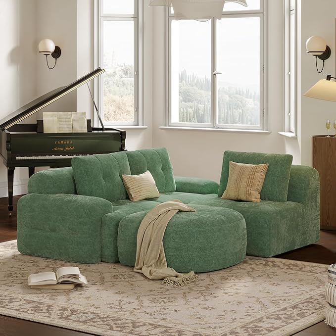 112'' Modular Sectional Sofa Couch with Chaise Full-Foam Structure Compression Packaging Design Woven Texture Upholstery Oversized Modern Sofa for Living Room – Sage Green