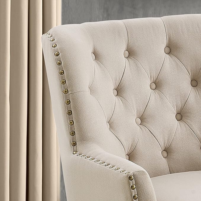 Rosevera Accent Chair and Ottoman Set - Button Tufted Armchair for Living Room Bedroom Reading - Mid-Century Modern Lounge Chair Set - Beige