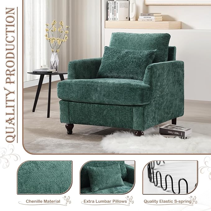 KINFFICT Modern Accent Chair for Living Room Upholstered Single Sofa Chair with Lumbar Pillow Comfy Armchair with Thickened Cushion Living Room Chairs for Bedroom Office Emerald Chenille