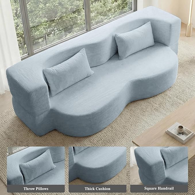 78.35 Modern 2-in-1 Convertible Curved Loveseat Sofa Bed Floor Love Seat Couch Teddy Fabric Memory Foam Cloud Couch with 2 Pillows No Assembly for Living Room Apartment Small Space (Blue)