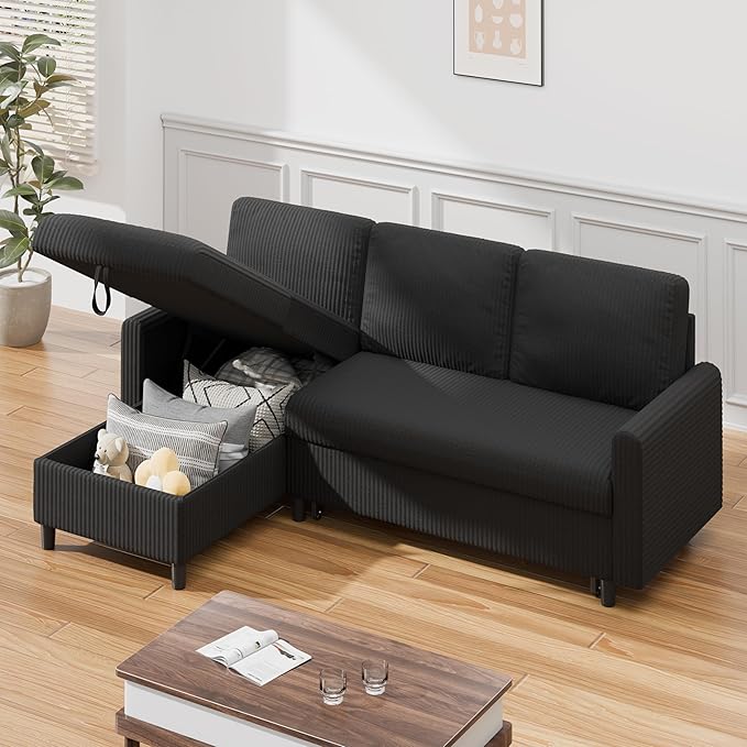Sofa Bed Couch Sectiona Sofa 4-in-1 Multifunctional Pull-Out Couch Sleeper Sofa Couch with Storage Chaise Pullout Sectional Couches for Living Room/Office/ApartmentBlack