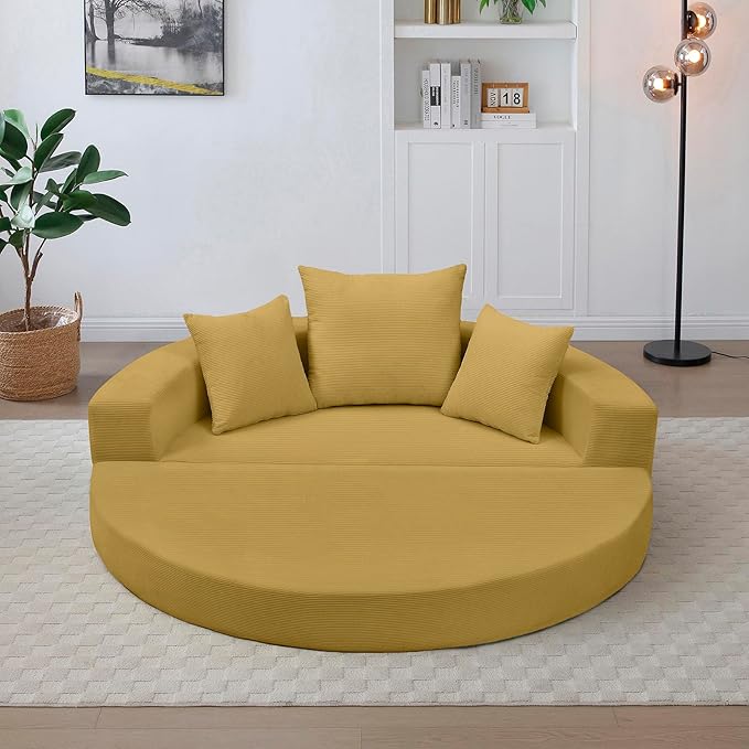 Yellow Boneless Loveseat Couch - 67 Circular Convertible Sofa Bed No Assembly Corduroy Folding Floor Futon with Pillows for Small Spaces (Yellow)