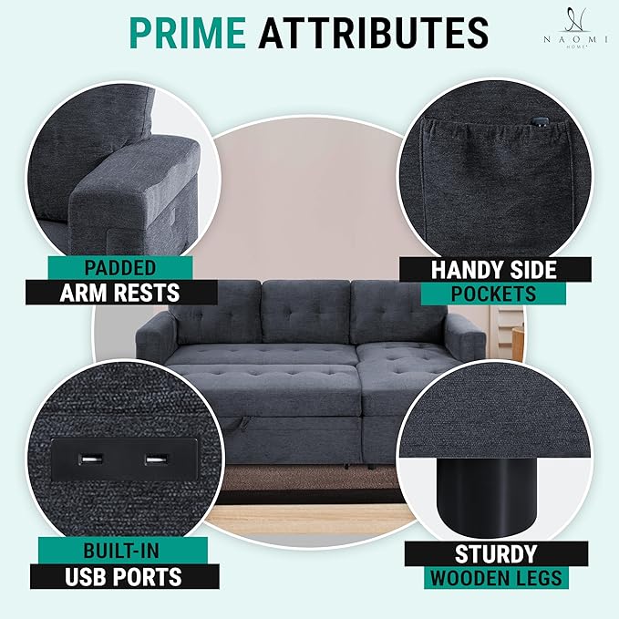 Naomi Home L-Shaped Sectional Sleeper Sofa with USB Ports - Convertible Pull-Out Bed Ample Storage Timeless Design Durable Construction Gray/Microfiber
