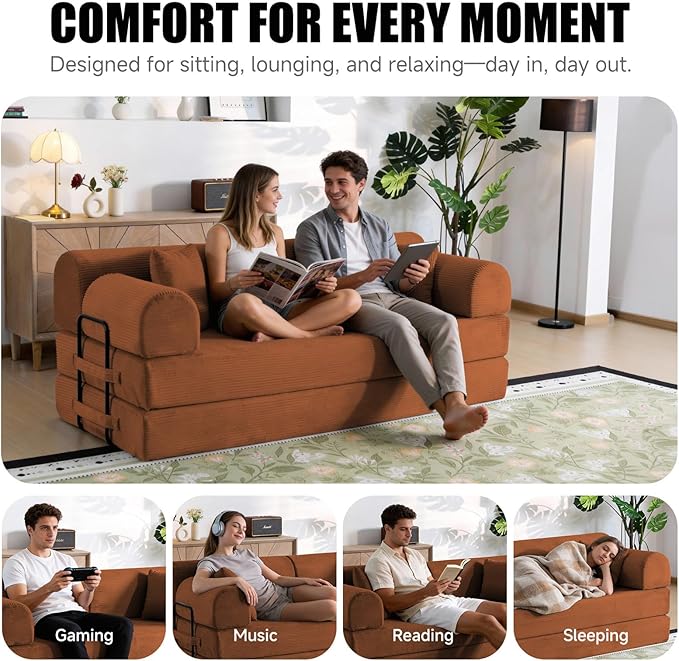 78.8 Boneless Memory Foam Couch Corduroy Convertible Floor Sofa Bed Fold-Out Sleeper Futon Loveseat Wide Armrests &amp Supportive Back 1200 lb Couch in a Box 2 Pillows Orange