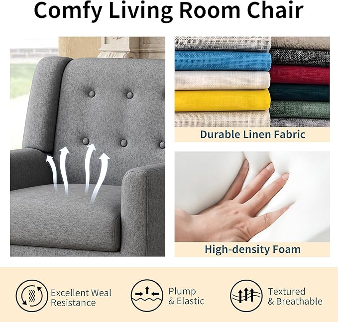 Accent Chairs Mid-Century Modern Upholstered Living Room Armchair Comfy Oversized Linen Fabric Single Reading Arm Chair with Tufted Back and Wood Legs for Bedroom Club (1 Grey)