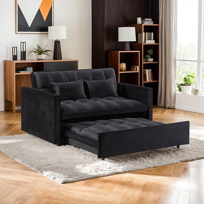 3 in 1 Convertible Sleeper Sofa BedFuton Loveseat Couch with Pull-Out Bed &amp Adjustable BackrestVelvet Fabric Sofa with Side Pocket for Small Apartment Living Room Office (Black)