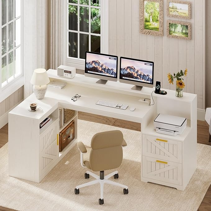 TVU Farmhouse L Shaped Desk with Drawers 62.2 Home Office Desk with Storage Shelves and Power Outlet L Shaped Computer Desk with Monitor Stand and Printer Shelf White