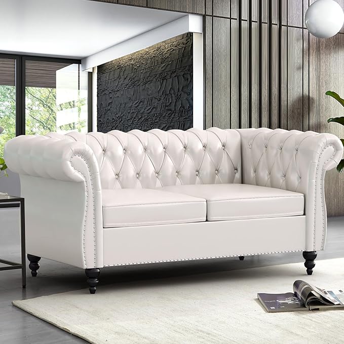2 Piece Living Room Furniture Set Faux Leather Loveseat and Chair Set Mid Century Modern Upholstered Sofa Couch with Cushions Vintage Comfy Tufted Chesterfield Couches for Bedroom Office (White)