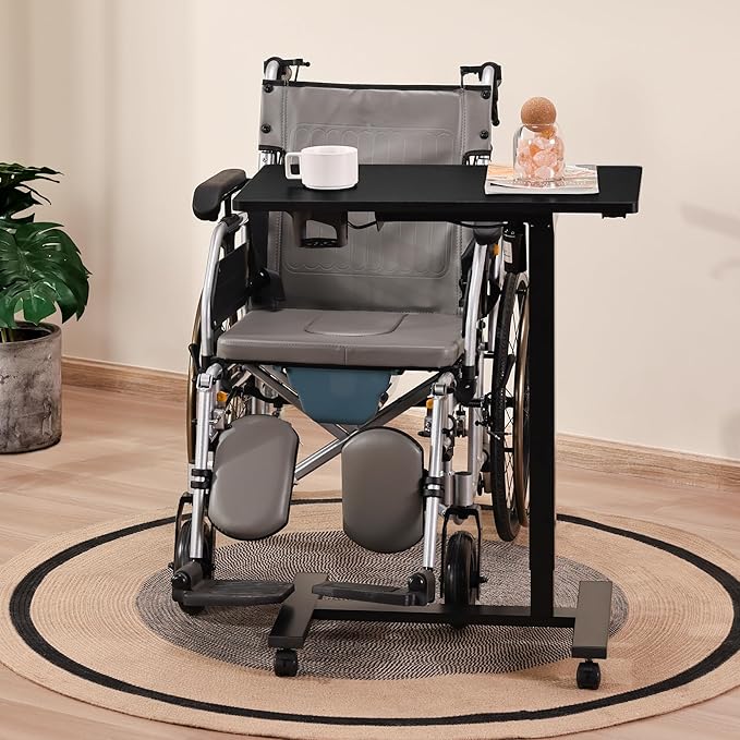 Electric Overbed Table with Wheels Height Adjustable Bedside Sofa Recliner Side Tables C Shaped Rolling Standing Small Laptop Desk for Home Office Black