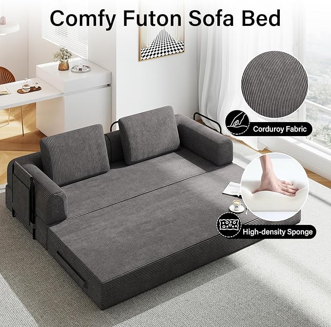 78'' Sleeper Couch Bed for Living Room Convertible Modular Sofa with Fixed Frame &amp Side Pocket Corduroy Futon Boneless Couches in a Box No Assembly Gray