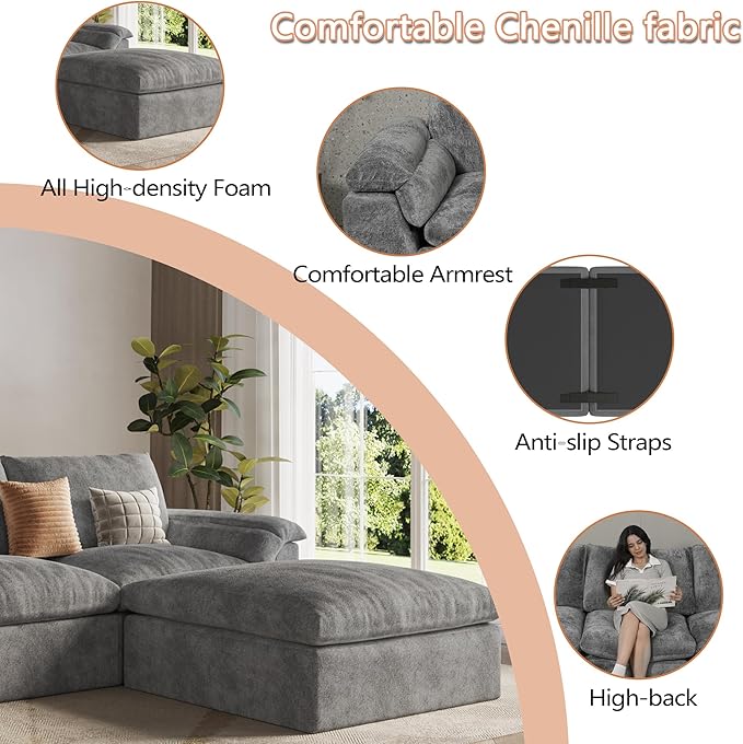 EASE MOOSE Oversized Cloud Couch Sectional Sofa Large Modular Couch for Living Room Minimalist Boneless Convertible Couches with Ottoman Deep Seat Sofas for Bedroom Chenille (Grey)