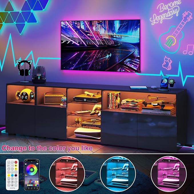 LED TV Stand for 85 Inch TV Modern TV Stand with Power Outlet High Glossy Modern TV Console Entertainment Center with Storage and LED Lights for Living Room Bedroom Black