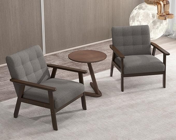 Modern Accent Chair with Wooden Table Upholstered Linen Fabric Leisure Side Chair with Arm Rest and Wooden Frame for Living Room Bedroom Reading (Gray)