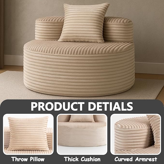45 Oversized Round Chair Boneless Reading Chair with Comfy Pillow for Living Room Circle Cloud Chair for AdultsCorduroy Memory Foam Large Seat No Assembly Required (Beige)
