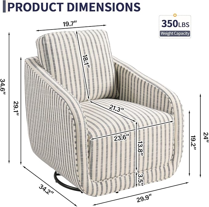 Swivel Barrel Accent Chair Set of 2 360 Degree Comfy Swivel Reading Chair with Removable Back Modern Sofa Chair with Oversize Base for Living Room Bedroom Office(Blue Stripe)