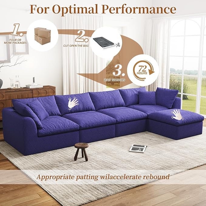 108 Modular Sectional Sofa with Movable Ottoman No Assembly Required Boneless Cloud Couch Deep Seat L Shaped Sectional Couches for Living Room Bedroom and Apartment Purple