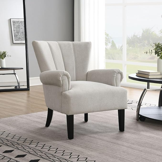 Modern Accent Living Room ChairsPolyester Armchair Club Chair with Channel Back Accent Chair for Living Room Bedroom Reading Room Soft Fabric Wooden Leg (Light Grey)