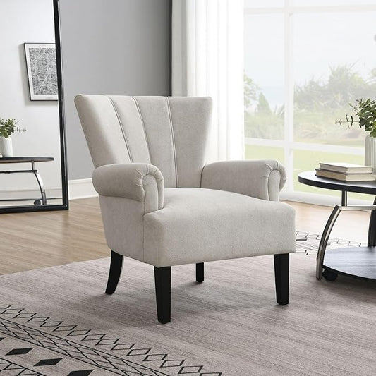 Modern Accent Living Room ChairsPolyester Armchair Club Chair with Channel Back Accent Chair for Living Room Bedroom Reading Room Soft Fabric Wooden Leg (Light Grey)