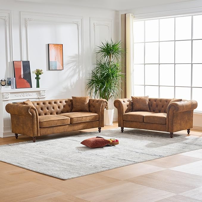 Mid Century Modern Faux Leather Couch Set of 2 Tufted Couch and Loveseat Set muebles para la sala Comfy Chesterfield Upholstered Office Furniture Living Room Sofa Set 2 Piece (Brown 2+3 Seater)