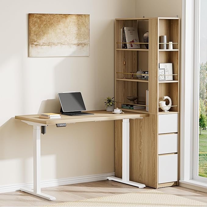 Electric Standing Desk with 3-Drawer Bookcase Adjustable Height Executive Desk Home Office Workstation with A Engineered Wood 1.18 Solid Desktop 71'' Corner Bookshelf White Walnut