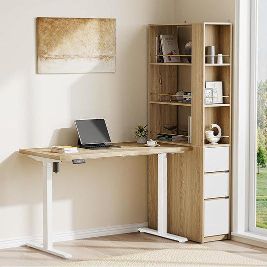 Electric Standing Desk with 3-Drawer Bookcase Adjustable Height Executive Desk Home Office Workstation with A Engineered Wood 1.18 Solid Desktop 71'' Corner Bookshelf White Walnut