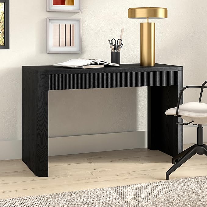 Henn&ampHart 48 Fluted Modern Rectangular Home Office Desk Ribbed Computer Desk Writing Table with 2 Storage Drawers for Home Office Natural Black