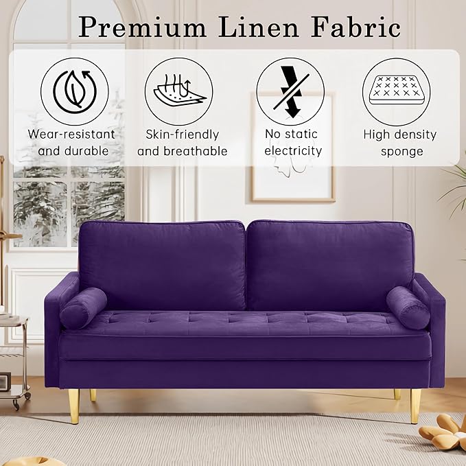 SZLIZCCC 67 LoveSeat Sofa Love Seat Couch Mid Century Modern Couchs Velvet Fabric Pull Dot Design Sofas with Two Round Pillows for Small Spaces Living Room Dorm Bedroom Apartment (67-Purple)