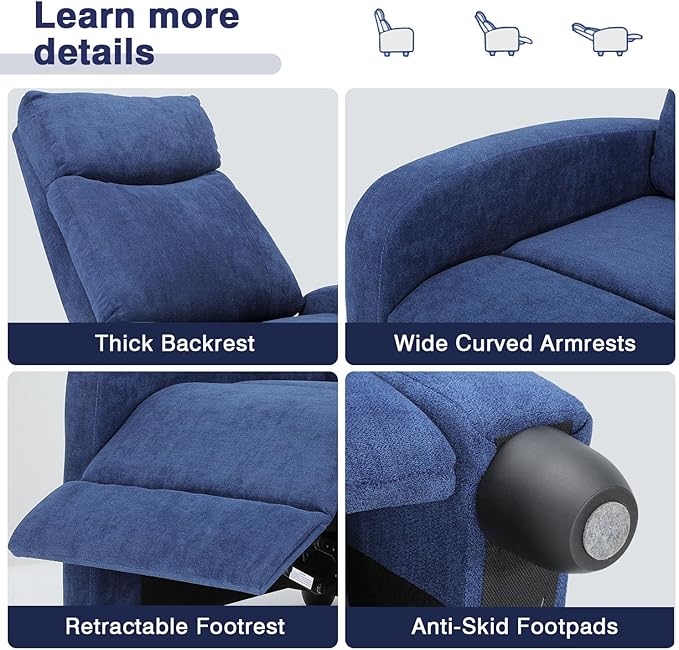 Compact Reclining Chair Linen Upholstered Single Recliner Sofa Chair with Adjustable Backrest &amp Footrest Ideal for Home Living Room Bedroom Office Navy Blue