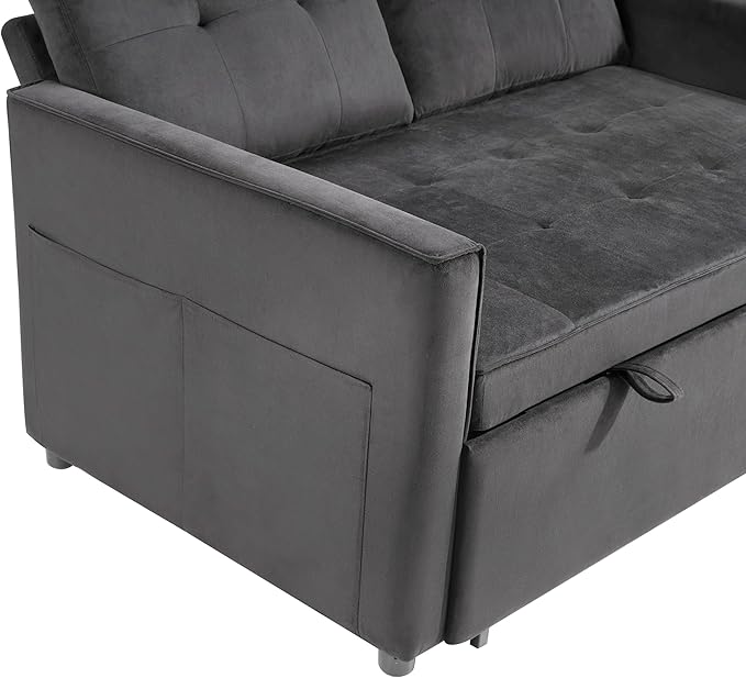 Sofa Bed Pull Out Couch with Side Pockets 3 in 1 Velvet Fabric Loveseat Sleeper Sofa Bed Pull Out Couch with Adjustable Backrest for Living Room Bedroom Apartment Gray 53 Inch