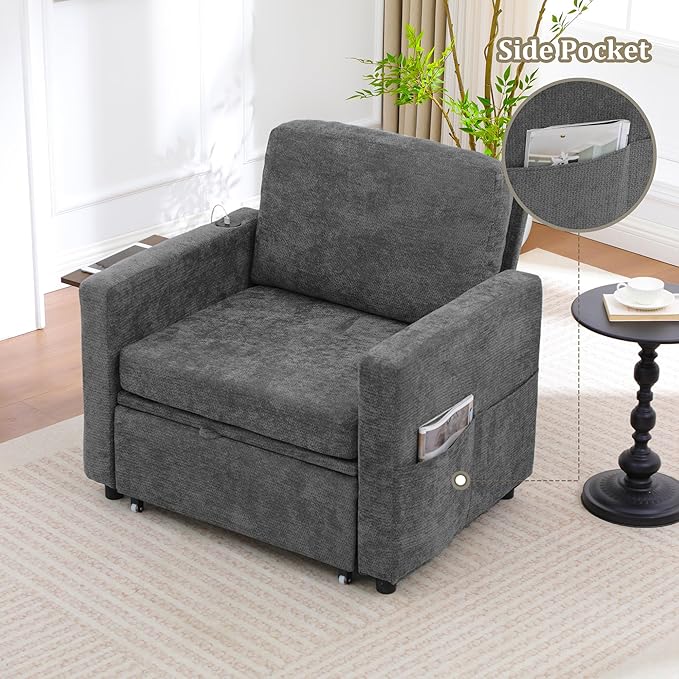3 in 1 Folding Convertible Sleeper Sofa Bed Pull Out Couch with Side PocketsUSB PortSide TableLoveseat Sofa Bed with Adjustable Backrest for Living Room Bedroom 66 Darkgrey 1 SEAT
