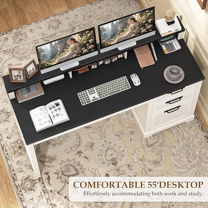 Vabches 55 Farmhouse Executive Desk with 3 Drawers Wooden Computer Desk with Keyboard Tray Home Office Desk with File Drawer (Fits A4 Size) for Work and Study White and Black