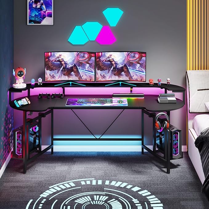 LITTLE TREE LED Gaming Desk with Monitor Shelf Carbon Fiber Surface Gaming Table Gamer Workstation for Home Office Black