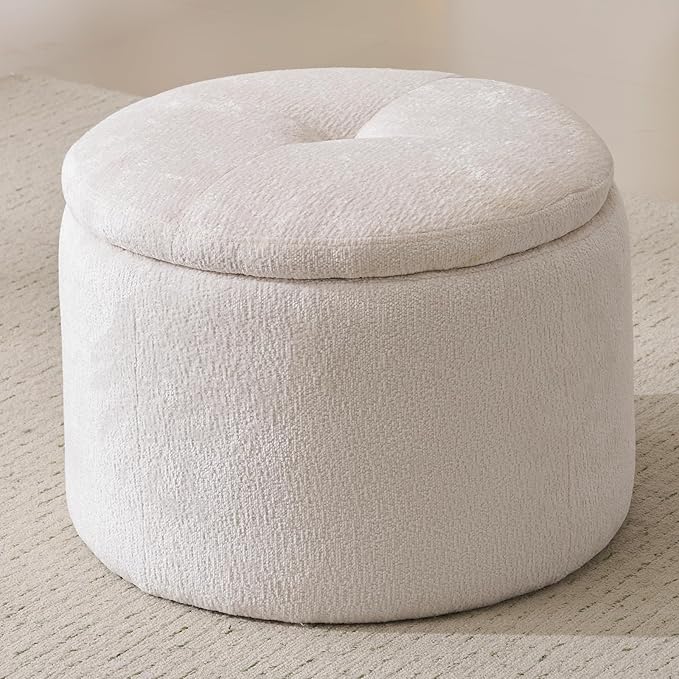 Modern Round Storage Ottoman Chenille Ottoman Foot Stools Ottoman Footstool with Removable Lid Storage Ottoman for Living Room Multi-Functional Footrest White