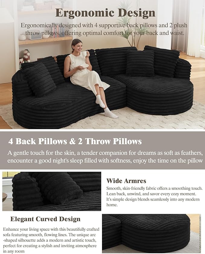 121 inch Boneless Cloud Modular Sectional Couch Wide Curved L Shaped Sofa with Chaise | Corduroy Fabric | Compressed Foam Sofa for Living Room | No Assembly Black