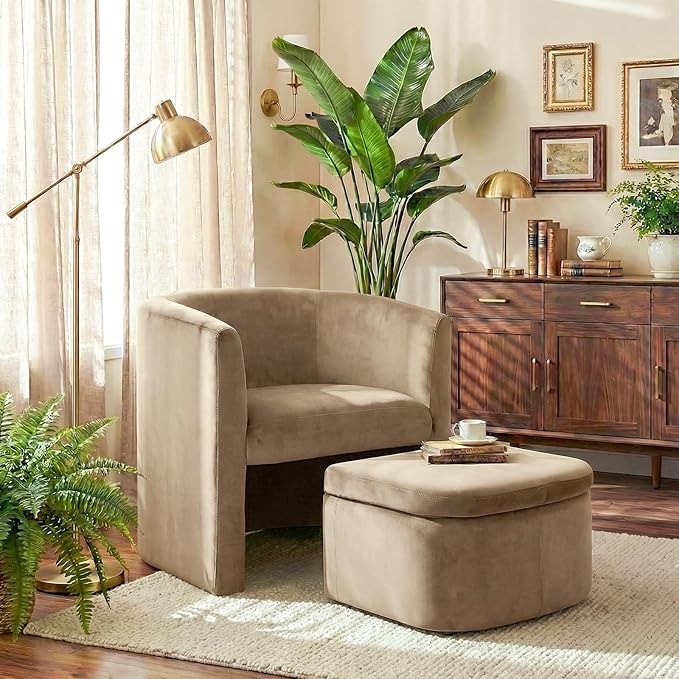 Modern Velvet Barrel Accent Chair with Storage Ottoman Space-Saving Armchair for Apartment Living/Study Room Khaki