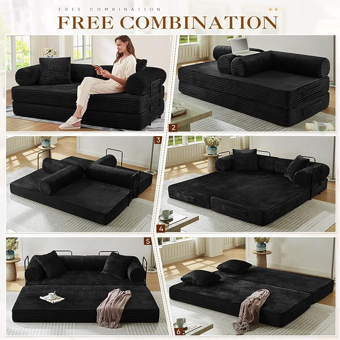 78.5W Convertible Folding Sofa Bed Corduroy Upholstered Queen Size Foam Floor Couch with Fixed-Shaped Frame Loveseat Sleeper Compression Sofa Foldable Mattress for Living Room Bedroom(Black)