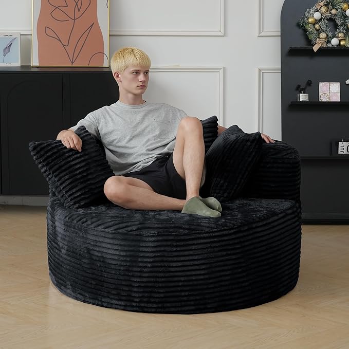 JACH Oversized Boneless Sofa Chair Comfy Corduroy Lounge Chairs Modern Deep Seat Lazy Chaise Lounge Chair for Living Room Movie Room Game Room Small Space No Assembly Required (Black)