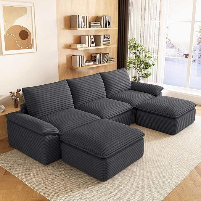 111 Cloud Sectional Couch with U-Shaped Chaise Corduroy Sectional Sofa with Ottoman Boneless Couch with Deep Seat in a Box for Living Room No Assembly Required (Dark Grey)