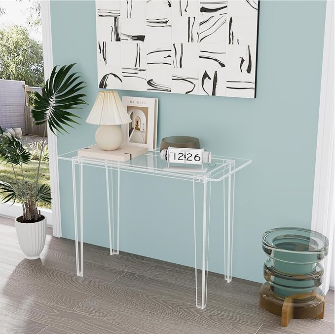 Acrylic Desk - Clear Acrylic Table Modern Home Office Study Table Extended Surface Multi-Purpose Console Sturdy Lightweight Workstation for Small Spaces (Transparent-L)