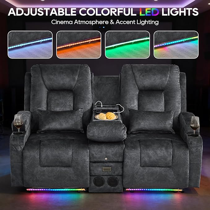 IPKIG Power Recliner Loveseat with Console Zero Wall Hugger Sofa Couch Velvet 2-Seater Sofa with LED Lights AC Outlets USB Ports Cup Holders Grey | Storage Drawer Bluetooth Speaker Living Room