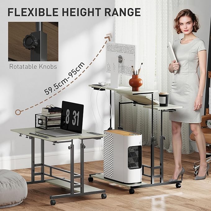 HOMCOM Height Adjustable Standing Desk with Power Outlets Stand Up Desk with Tiltable Tabletop Lockable Wheels Bottom Shelf Rolling Workstation for Home Office Oak
